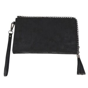 Black Chain Trim Wallet Wristlet Tassel Matching Pouch‎ Textured Vegan Leather